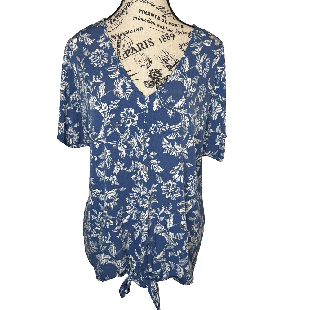 Chaus Women’s Short Sleeve Top Large Blue With White Floral Print Tie At Waist
